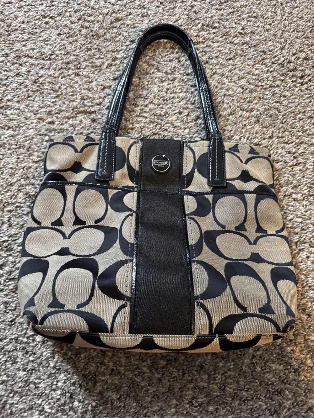 Coach Black and Khaki Signature Canvas Tote